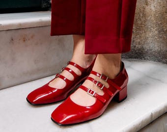 Elegant Red Leather Mary Jane Shoes for Women