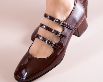 Burgundy Leather Mary Jane Shoes, Three Stripes, Wedding, Leather Mary Janes