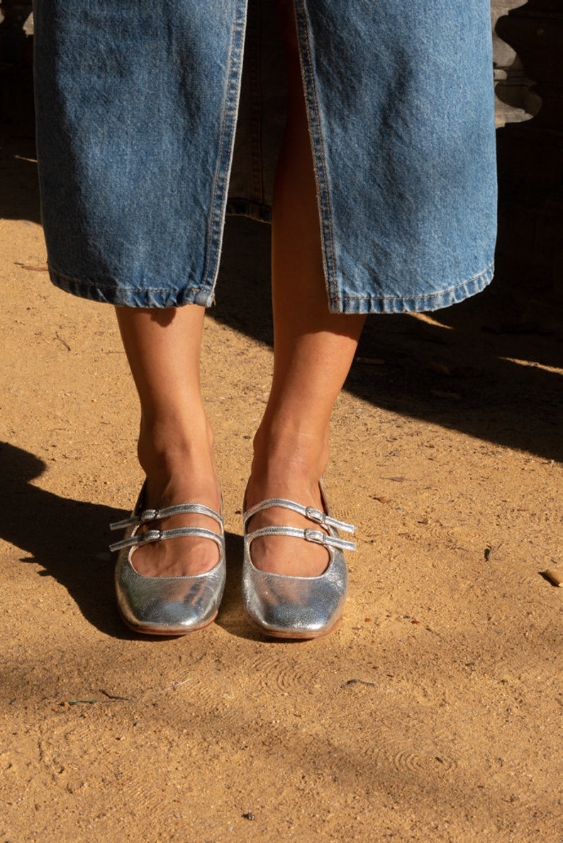 Silver Leather Stylish Mary Jane Shoes for Women Elegant Silver Mary — free download