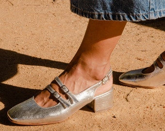 Open Heel Silver Mary Jane Shoes