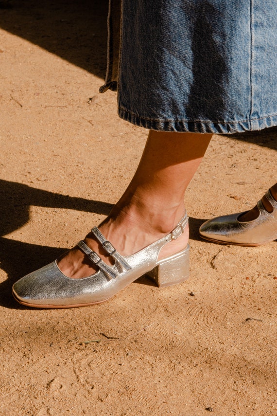 Open Heel Silver Mary Jane Shoes Etsy