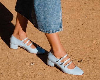 Elegant Baby Blue Leather Mary Jane Shoes for Women - Perfect Wedding Footwear, Comfortable Footwear