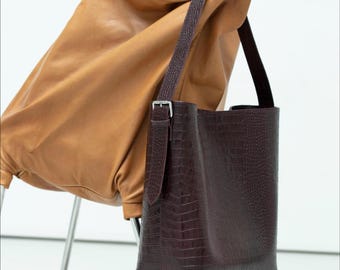 Fayne- Handmade Burgundy Croco Leather Tote Bag I Oversize Tote Bag / Croco Leather Tote Bag