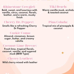 Puede incluir: Una lista de aromas sobre un fondo rosa p&aacute;lido con formas onduladas naranjas y rosas en la parte inferior. Enumera aromas como Rhinestone Cowgirl, Tiki Beach, Cherry Dr. Pepper, Pina Colada, Cookie Coma, Coconut Lime Breeze y Cherry Leather.