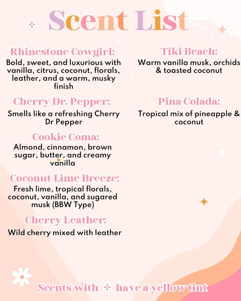 Puede incluir: Una lista de aromas sobre un fondo rosa p&aacute;lido con formas onduladas naranjas y rosas en la parte inferior. Enumera aromas como Rhinestone Cowgirl, Tiki Beach, Cherry Dr. Pepper, Pina Colada, Cookie Coma, Coconut Lime Breeze y Cherry Leather.