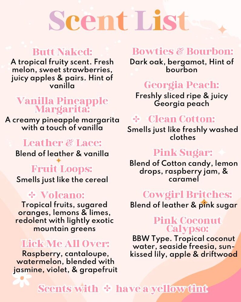 May include: A Scent List chart on a light pink background with pastel text. It lists various fragrance names and their descriptions, including Butt Naked, Bowties & Bourbon, Vanilla Pineapple Margarita, Georgia Peach, Clean Cotton, and others.