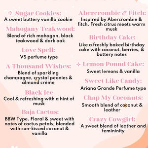 May include: A Scent List chart on a light pink background with wavy orange accents. It lists scents including Sugar Cookies, Mahogany Teakwood, Love Spell, A Thousand Wishes, Black Ice, Baja Cactus, Abercrombie & Fitch, Birthday Cake, Lemon Pound Cake, Sweet Like Candy, Chap My Coconuts, and Crazy Cowgirl with descriptions. A note states scents with a flower symbol have a yellow tint.