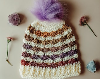 Slouchy Fur Pompom Hat for Women | Boho Winter Hat | Cute Crochet Pompom Hat