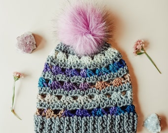 Slouchy Fur Pompom Hat for Women | Boho Winter Hat | Cute Crochet Pompom Hat