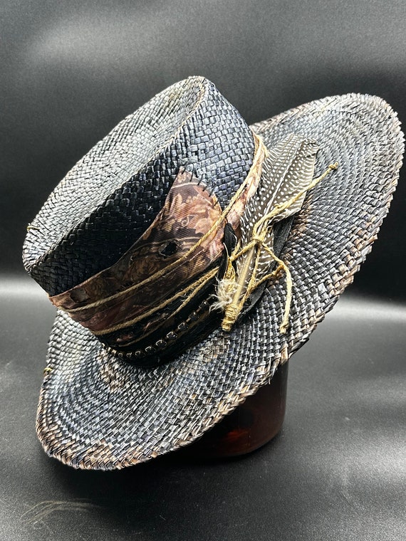 Buy Vintage Black Straw Hat With Pheasant Feather and Black  display picture 2