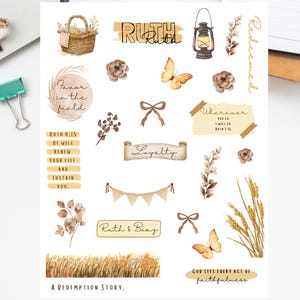 May include: A printable sticker sheet featuring watercolor illustrations and text. The design includes a basket, lantern, butterflies, floral elements, and banners with phrases like "Loyalty" and "Redeemed." The sheet also contains the text "Ruth Sticker Sheet" and "PDF Printout."