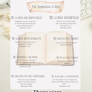 Puede incluir: Una impresión digital blanca titulada "Ephesians Reference Sheet" con texto sobre el Hombre de Efesios 5. El diseño incluye una ilustración de libro abierto y varios versículos bíblicos. También se incluye el texto "Three sizes" y "Digital file-Print at Home".