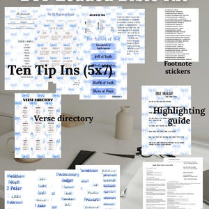 May include: A DIY Loaded Bible Kit with printed materials. Includes "Ten Tip Ins", "Verse Directory", "Header Stickers", "Highlighting Guide", "Instructions", and "Footnote Stickers". The kit features blue bow accents and text.