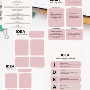 May include: A Bible study kit printout with the title "BIBLE STUDY KIT PRINTOUT". The printout includes the "IDEA Bible Study Method" with sections for verse, identification, direction, encouragement, and application. The PDF is in pink and white.