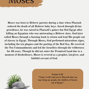 May include: A digital art print featuring the name "Moses" in a stylized font above a passage about his life. The text describes Moses's birth, his role in leading the Israelites, and a quote from Exodus 3:10.
