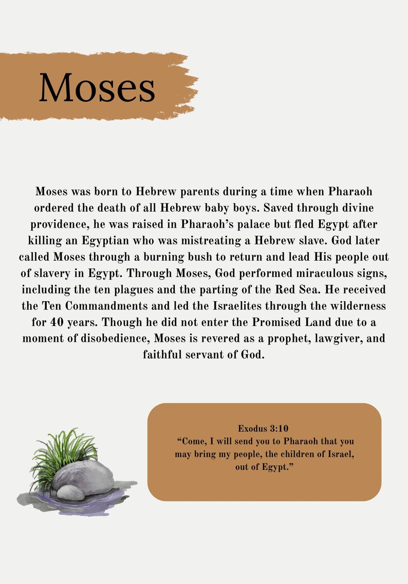 May include: A digital art print featuring the name "Moses" in a stylized font above a passage about his life. The text describes Moses's birth, his role in leading the Israelites, and a quote from Exodus 3:10.
