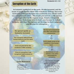 May include: A resource sheet with the title "Corruption of the Earth" and text from Genesis 6:1-12. The sheet includes a world map graphic and bullet points detailing the effects of sin. The bottom text reads "Three sizes Digital file-Print at Home."