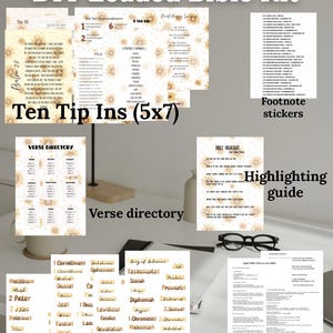 May include: A DIY Loaded Bible Kit with printed materials. Includes ten tip ins, verse directory, header stickers, footnote stickers, a highlighting guide, and instructions. The kit features floral designs and text such as "Print and Load your Bible at home".