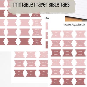 Pode incluir: Abas da Bíblia de oração imprimíveis em vários tons de rosa e malva. As abas são rotuladas com palavras como "Paz", "Força" e "Perdão". As palavras "Printable Prayer Bible Tabs" e "PDF Files" também são visíveis.