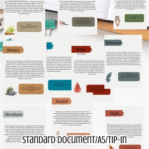 Op de afbeelding: Een verzameling Bijbelse printables met namen als Noach, Mozes en Johannes. Het ontwerp bevat tekst en illustraties, met een titel die luidt "BIBLE PRINTABLES". Het document is gelabeld "STANDARD DOCUMENT/A5/TIP-IN" en "PDF FILES".