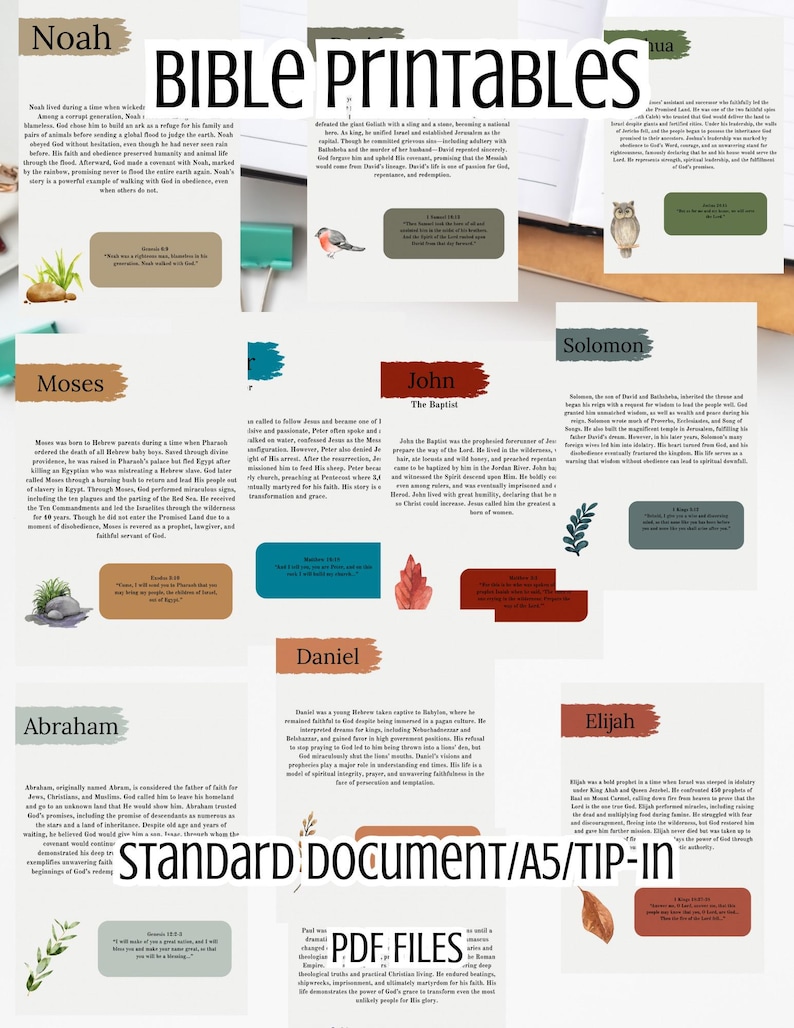 May include: A collection of Bible printables featuring the names Noah, Moses, John, Solomon, Daniel, Abraham, and Elijah. The printables are in a standard document format, with the text "BIBLE PRINTABLES" at the top. The words "PDF FILES" are at the bottom.
