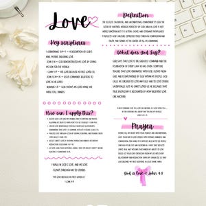 May include: A digital file print at home, featuring a pink and black design with the word "Love" and related scriptures. The sheet includes definitions, key scriptures, and application tips. The text "God is love - 1 John 4:8" is also present.