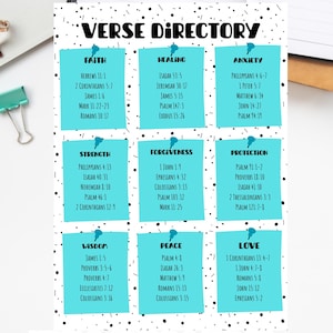 May include: A printable "Verse Directory" with Bible topics like Faith, Healing, and Anxiety. Each topic is on a light blue sticky note with corresponding scripture references. The title "Bible Topic Printables" is at the top.