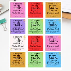 May include: A Bible study printout featuring the text "If you have faith as small as a mustard seed, nothing will be impossible for you, Matthew 17:20." The design includes colorful squares with the text in a handwritten style font.