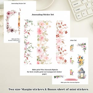 May include: Bible journaling sticker sets featuring floral designs. The sets include margin stickers and mini stickers, with text that reads "Bible Journaling sticker sets" and "Digital file-Print at Home". The stickers feature watercolor-style flowers.