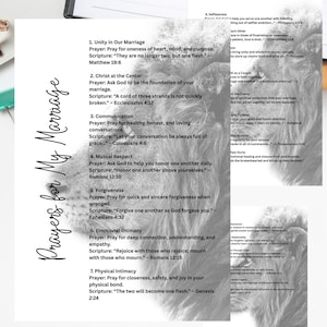 May include: A Bible printout titled "Prayers for My Marriage" with a list of prayers and corresponding scriptures. The document includes sections on unity, communication, forgiveness, and intimacy. The text is in black font on a white background.