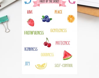May include: A printable document with the text "Bible Printables" at the top. The document features watercolor illustrations of fruits and the words "Love", "Peace", "Joy", and other virtues. The text "Fruit of the Spirit" is displayed on a pink banner.