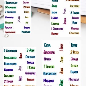 May include: A collection of Bible header printables with a variety of book names in different colours. The image shows titles like "Judges," "James," and "Isaiah" in a grid layout. Ideal for crafting or journaling projects.