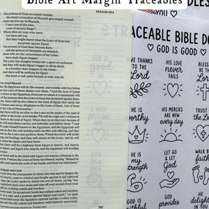 May include: A collection of Bible art margin traceables on white paper, featuring black printed text and line art icons like hearts, crosses, and crowns. The sheets include phrases such as God is Good, His Love Never Fails, and Trust the Lord.