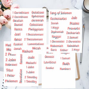 May include: A printable chart listing all the books of the Bible in pink and blue text on a white background. The text "PDF-PRINTABLES" is at the bottom of the chart.