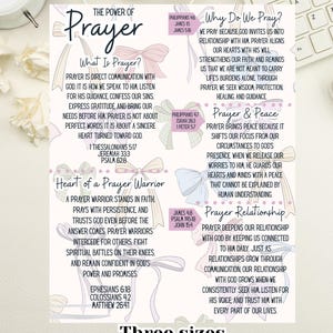 May include: A digital print titled "Prayer Reference Sheet" with text on a light background. The sheet includes sections on the power of prayer, its purpose, and its relationship with God. Decorative elements include pastel-colored bows and scriptural references.