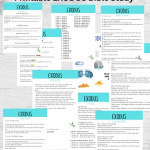 May include: Printable EXODUS Bible Study PDF files. The design features multiple pages with text, including "EXODUS" and various study prompts, affirmations, and timelines. The color scheme is primarily teal and white.