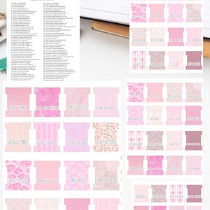 Puede incluir: Un PDF imprimible con pestañas temáticas rosas de la Biblia. Las pestañas presentan varios patrones y frases como "Alegría del Señor" y "Cosas de arriba". También se incluye una lista de versículos temáticos.