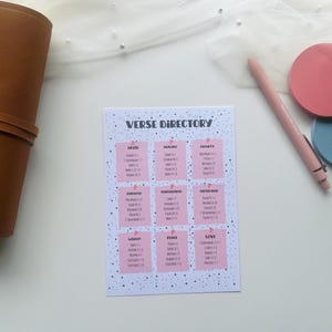 May include: A white card with the text "VERSE DIRECTORY" and pink sticky notes with Bible verses. A pink pen, two round coasters, and a brown leather journal are also visible on a white surface.