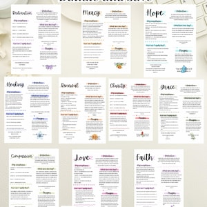 May include: A collection of topical reference sheets with titles like "Restoration," "Mercy," and "Hope." Each sheet features definitions, scriptures, and prompts. The text "Bundle and save" and "Digital file-Print at Home" are also visible.