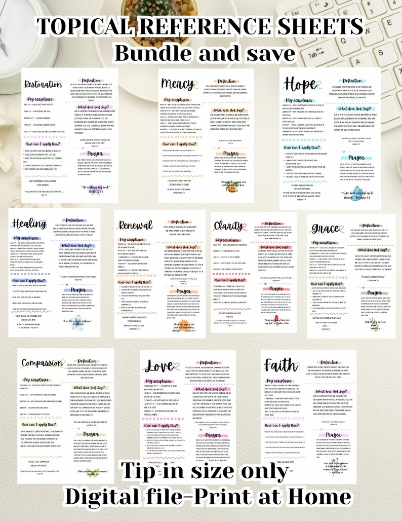 May include: A collection of topical reference sheets with titles like "Restoration," "Mercy," and "Hope." Each sheet features definitions, scriptures, and prompts. The text "Bundle and save" and "Digital file-Print at Home" are also visible.