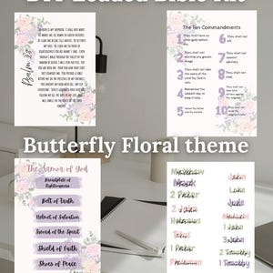 May include: DIY Loaded Bible Kit with a butterfly floral theme. The image shows four different printable pages with Bible verses and text. The pages include Psalm 23, The Ten Commandments, The Armor of God, and a list of books of the Bible.