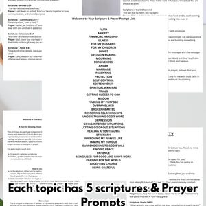 Peut inclure: Un classeur PDF imprimable avec des invites de prière basées sur le mariage et la foi. Le document comprend des références bibliques et des sujets tels que l'anxiété, le pardon et la recherche de la paix. Le texte est en noir et blanc.