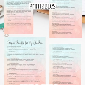 May include: Printable PDF documents titled "Prayers for My Children" and "Prayer Prompts for My Children." The documents feature lists of prayers and scriptures, with the text "PDF-2 SIZES" at the bottom.
