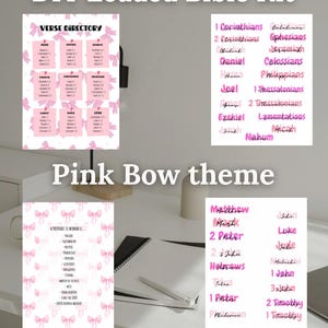 May include: DIY Loaded Bible Kit with a pink bow theme. Includes printable verse directories and Bible book lists. The text "Print and Load your Bible at home" is also visible.