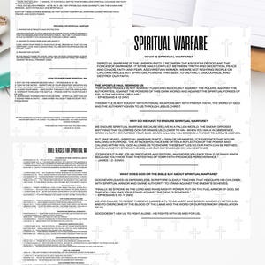 May include: Bible study printout with the title "Spiritual Warfare" and related text. The printout includes Bible verses, explanations, and a PDF icon. The background is white with cross graphics.