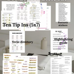 May include: DIY Loaded Bible Kit with printed pages, including Ten Tip Ins, verse directory, footnote stickers, header stickers, a highlighting guide, and instructions. The kit is designed for home use.