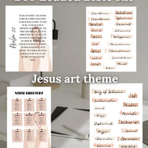 May include: DIY Loaded Bible Kit with a Jesus art theme. The image shows four printouts with Bible verses and book titles. One printout features Psalm 23. The text "Print and Load your Bible at home" is at the bottom.