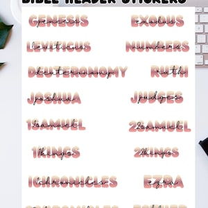 May include: A sheet of Bible header stickers with titles of books from the Old Testament. The stickers have a gradient pink and peach color scheme with a handwritten font. The words "Bible Header Stickers" are at the top in bold black letters. A PDF logo is in the bottom left corner.