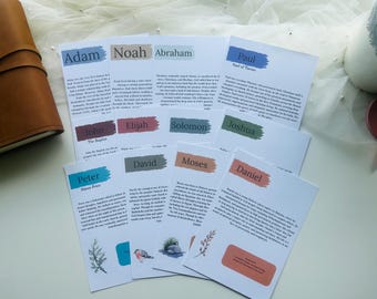 May include: A collection of white cards with names like Adam, Noah, and Abraham, each with a colored banner and text. A brown leather journal is visible on the left. The cards have illustrations of plants and birds.