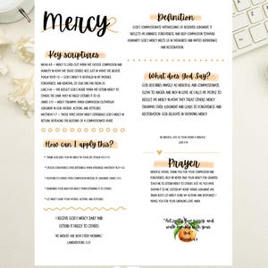 May include: A digital print titled "Mercy" with handwritten-style text. The design includes key scriptures, definitions, and application prompts. The print is available in 3 sizes, designed for digital download and home printing.